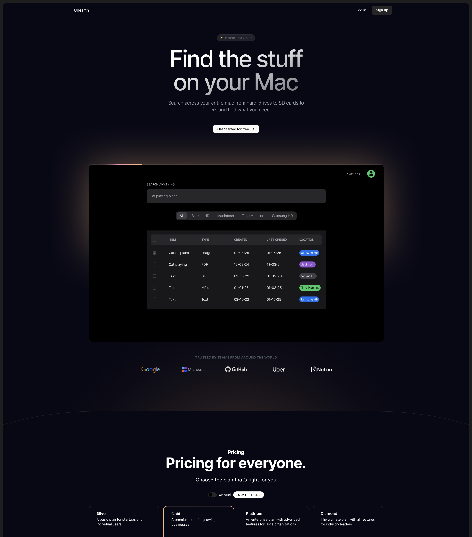 Web page showcasing a search tool for Mac titled 'Find the stuff on your Mac,' with a search bar, a results table, and options for multiple drives. Pricing tiers are displayed below the main section.