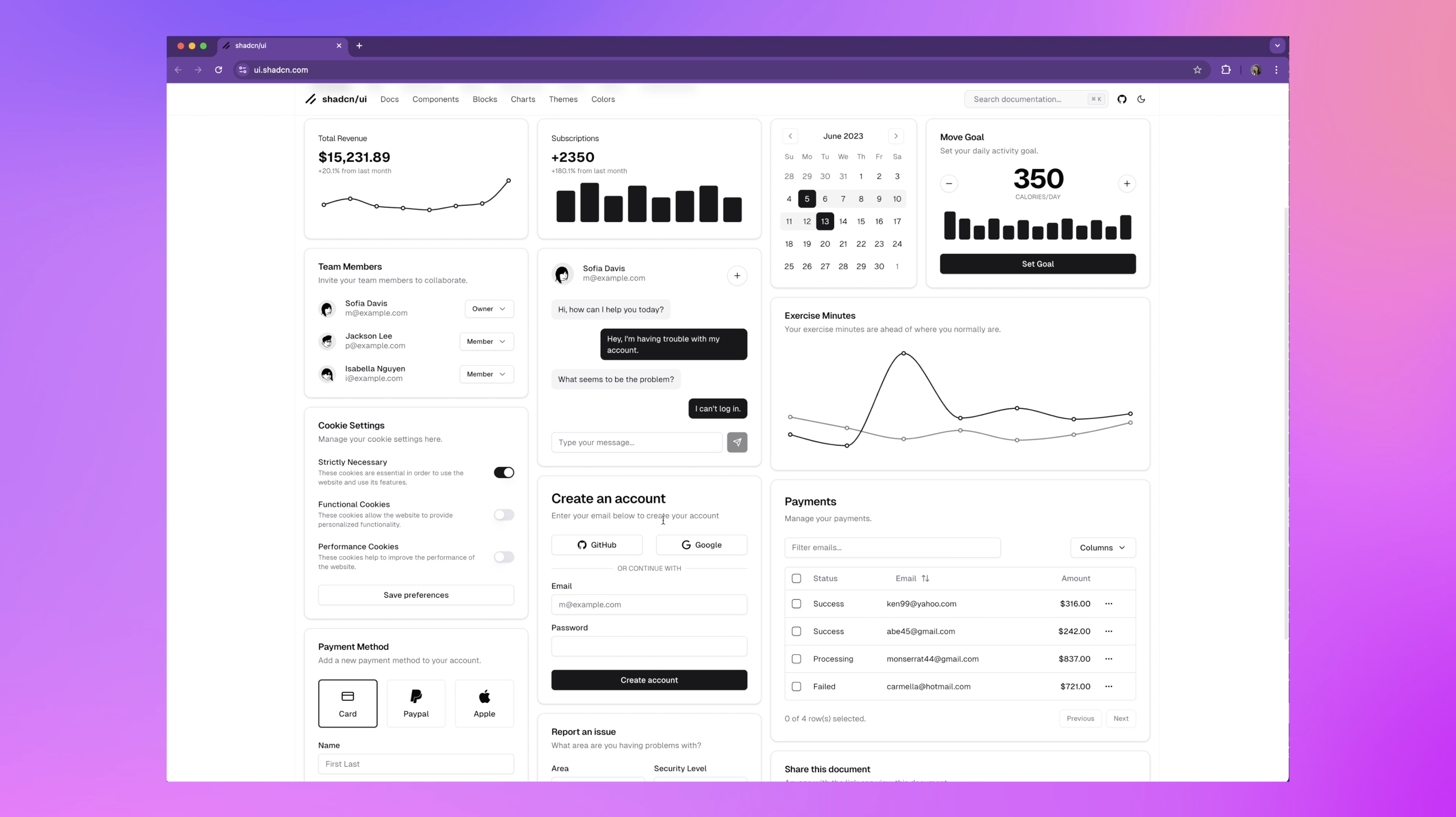 Dashboard interface with graphs, team member management, subscription metrics, and various settings, including payments and cookie preferences. The interface uses a black and white theme with a purple background.