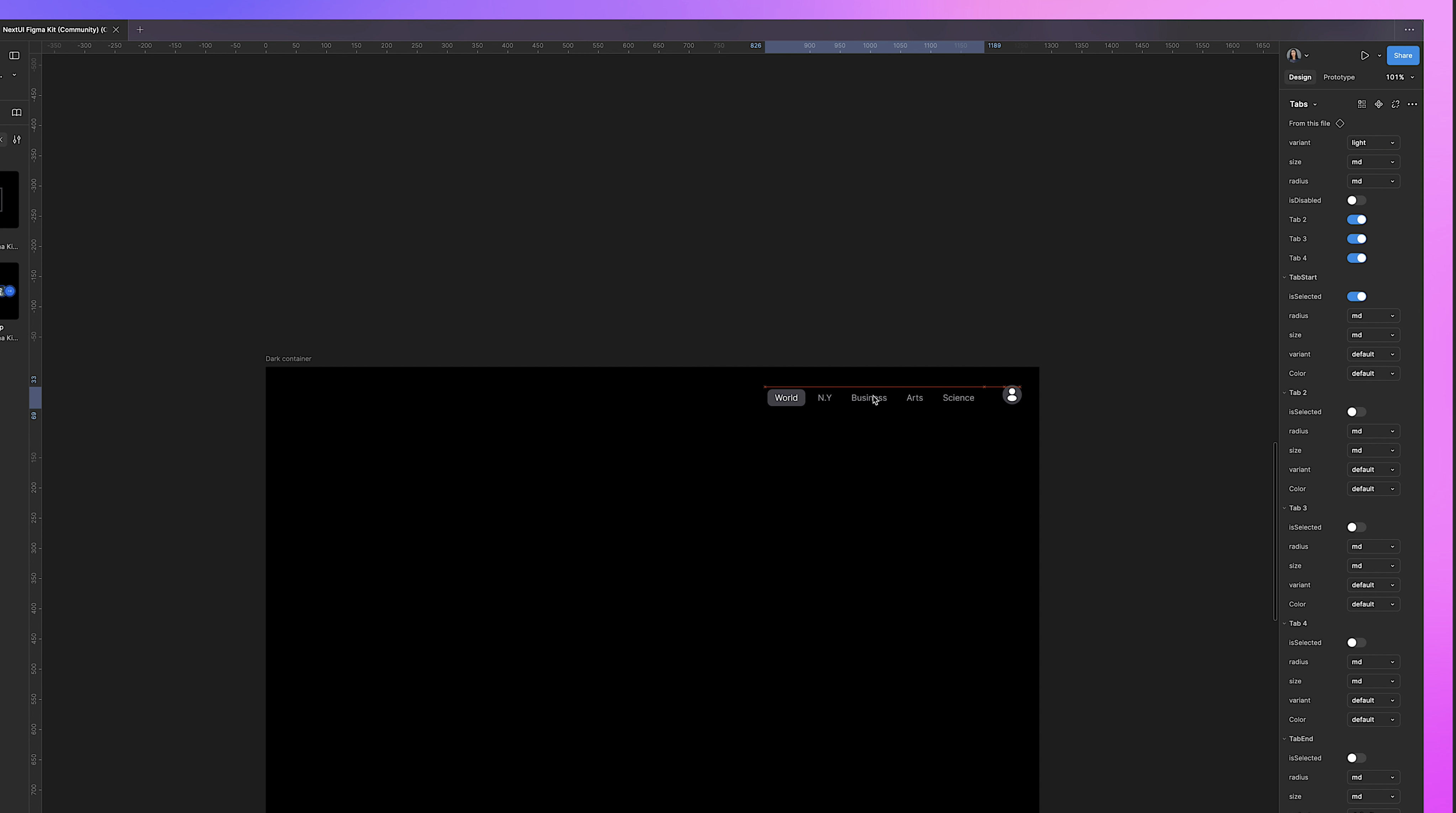 Figma workspace displaying a dark container with a navigation bar containing tabs like 'World,' 'Business,' and 'Science,' alongside a small avatar icon in the top-right corner. The background features a gradient of purple and pink hues.