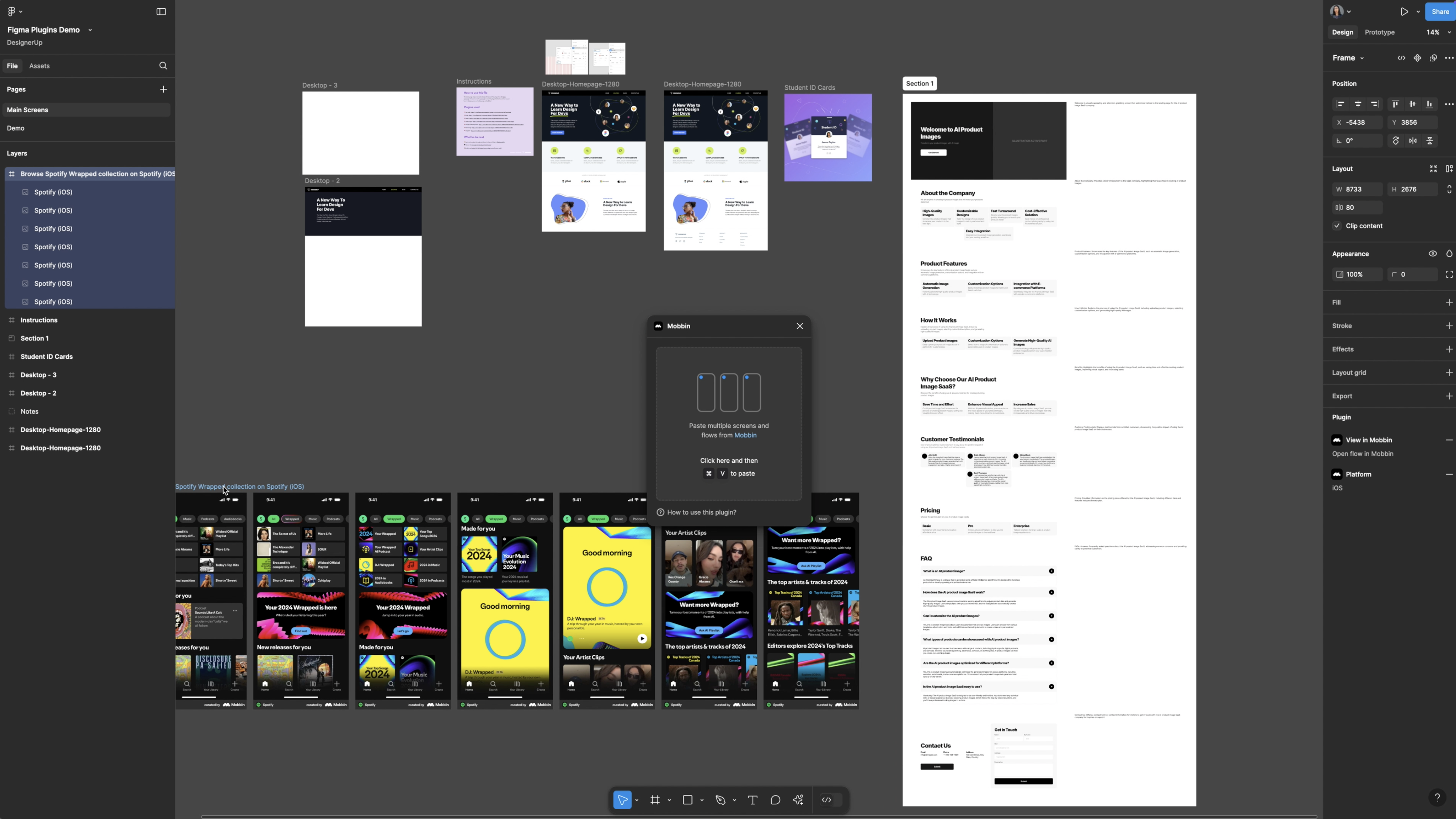 Figma workspace showing a collection of Spotify Wrapped mobile app screens alongside a Mobbin plugin preview. The workspace includes instructions, student ID cards, and desktop layout designs for a product homepage.