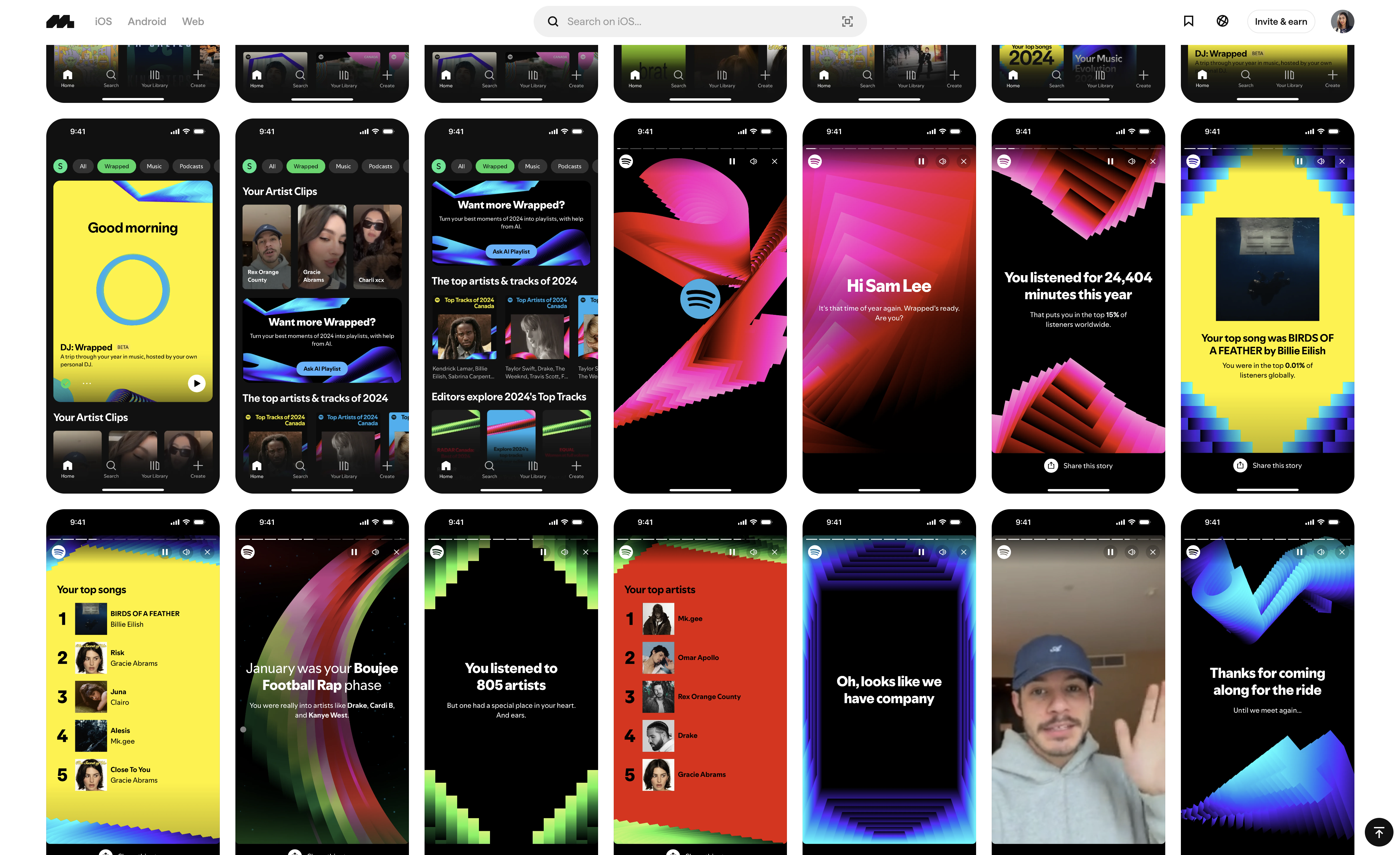 Grid of Spotify Wrapped mobile app screens featuring vibrant colors, personalized music statistics, and animated visuals for end-of-year summaries.