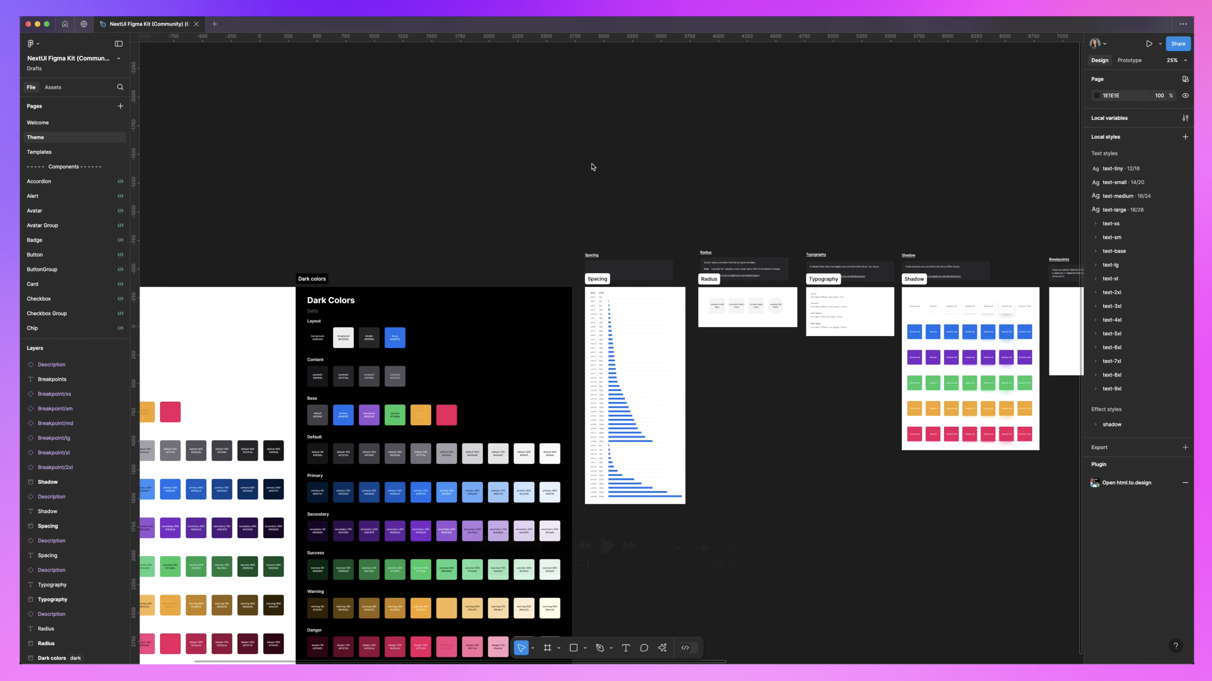 A design file in Figma displaying a theme configuration screen with various color palettes, spacing options, typography, and shadow settings against a dark background.