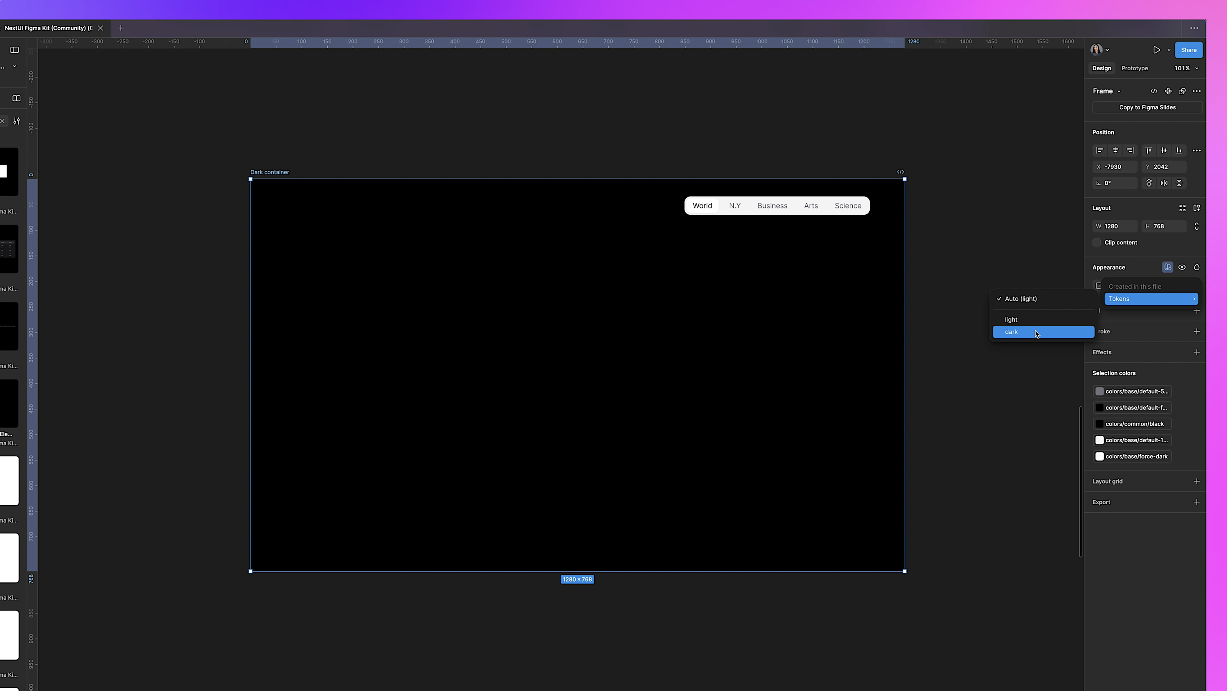 Figma workspace with a dark container featuring a tab component. The side panel shows styling options for color tokens and component variants against a gradient background