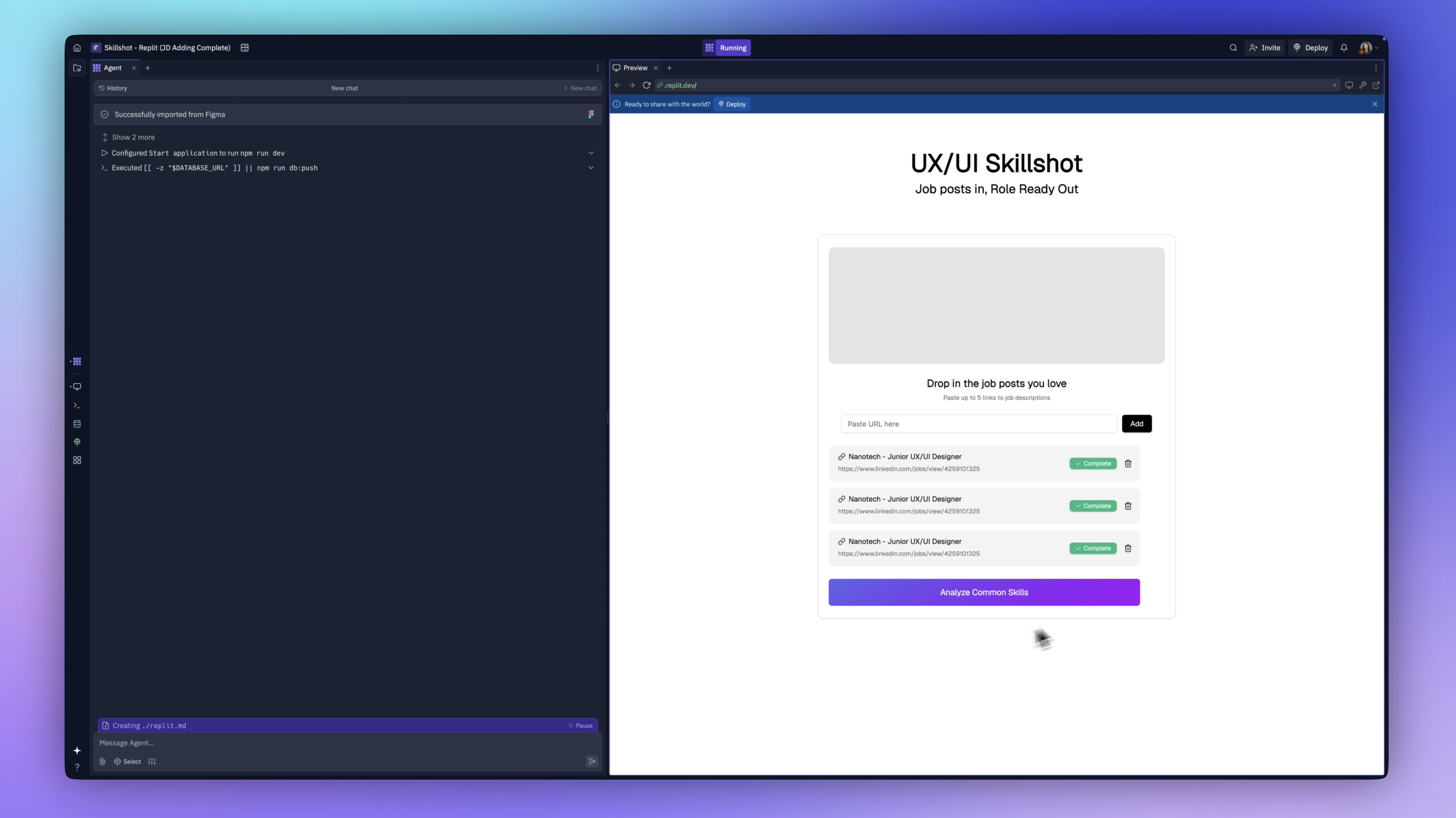Replit dark mode screen with agent chat on left and white preview of app on right with purple gradient button