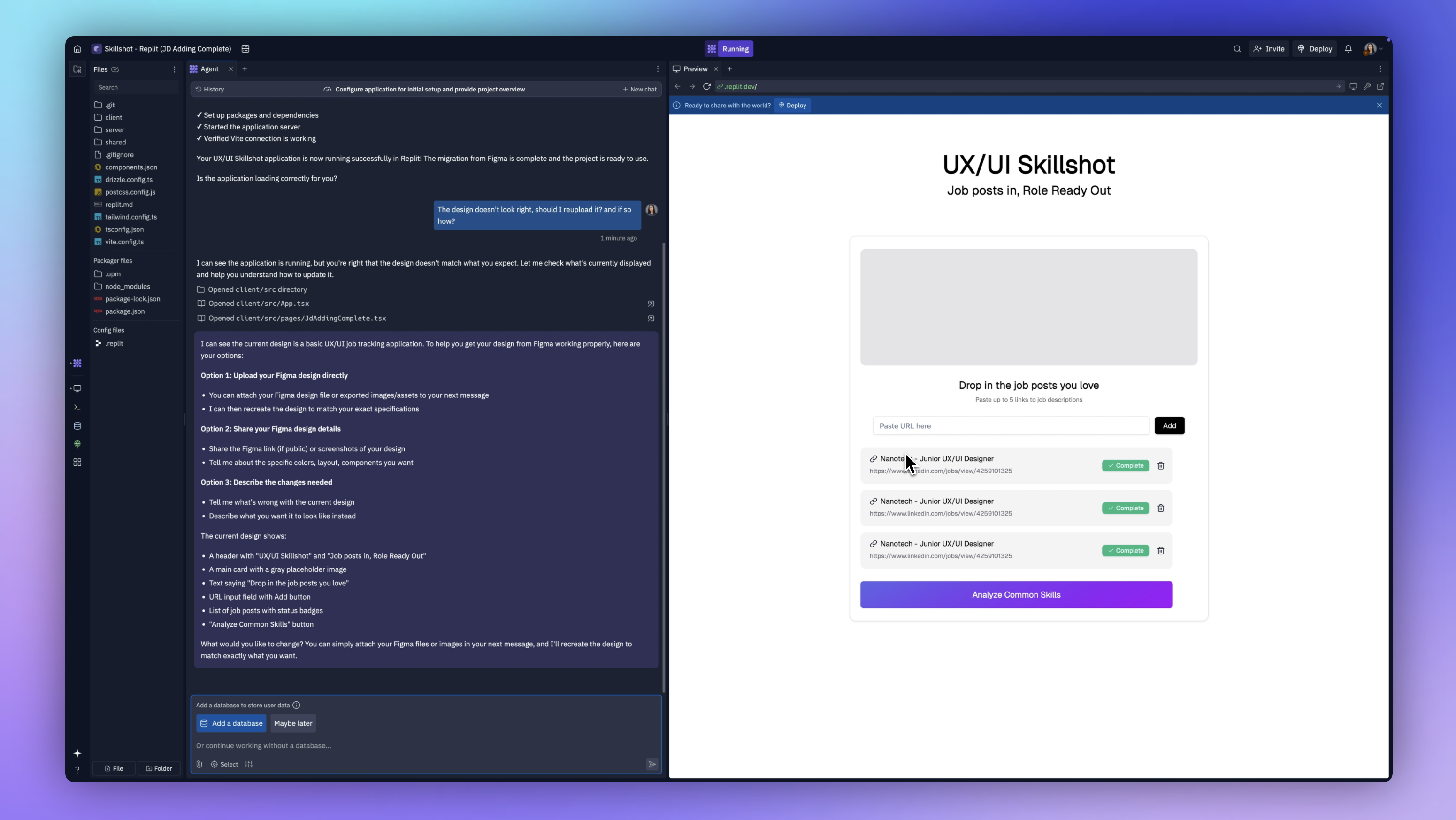 Replit dark mode screen with agent chat on left and white preview of app on right with purple gradient button