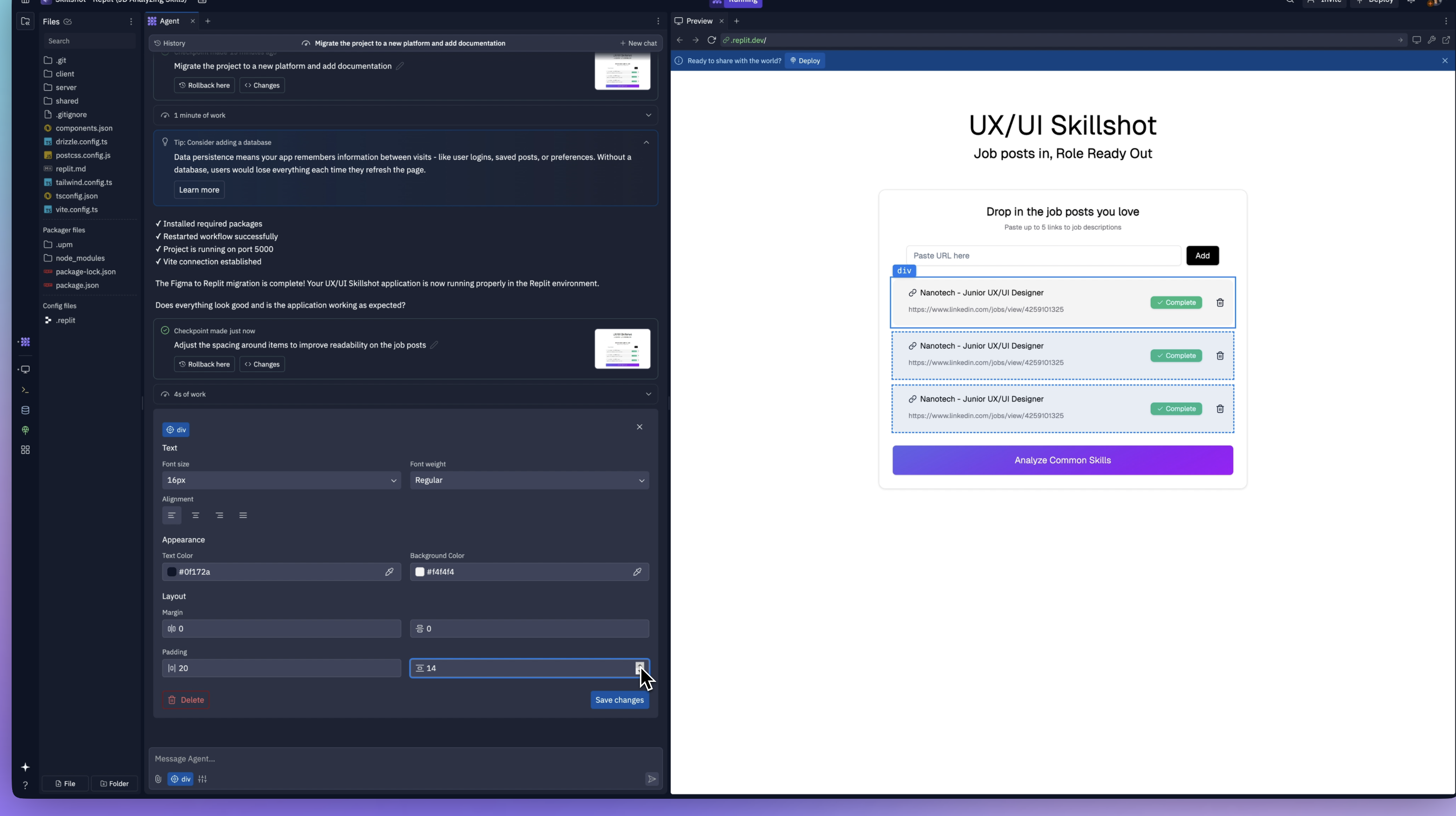 Replit dark mode screen with agent chat on left and white preview of app visual editor with highlight blue sections on right with purple gradient button