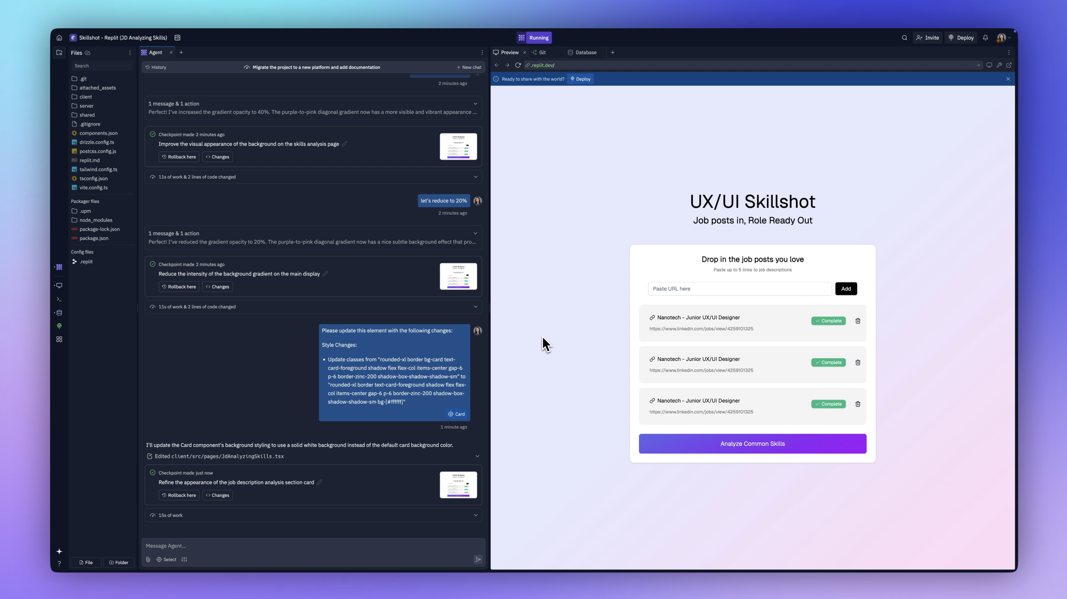 Replit agent making visual changes to app background and adding gradient