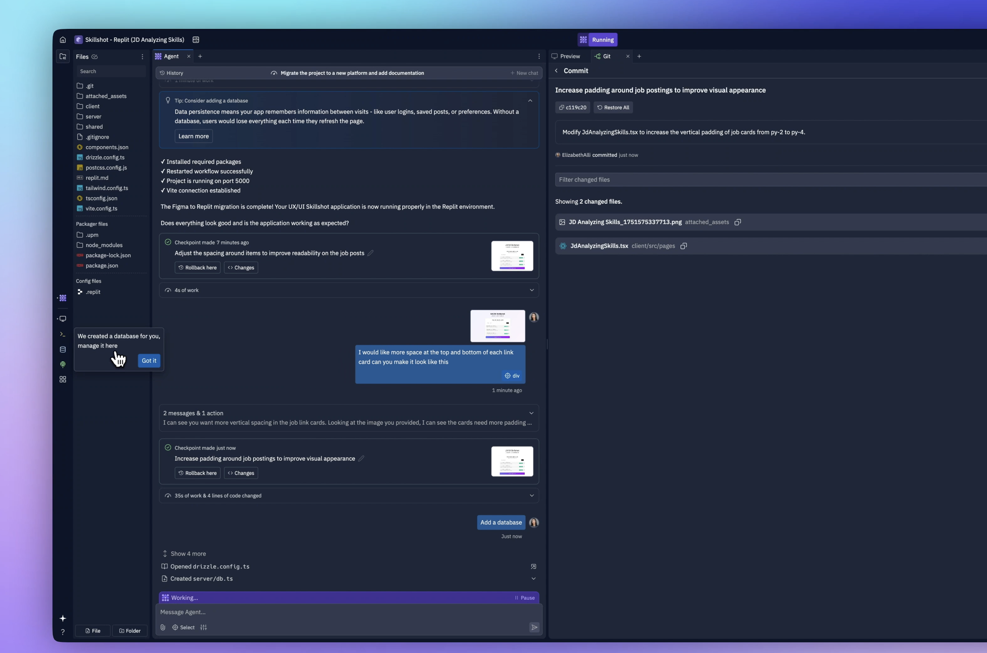 Replit agent adding a database