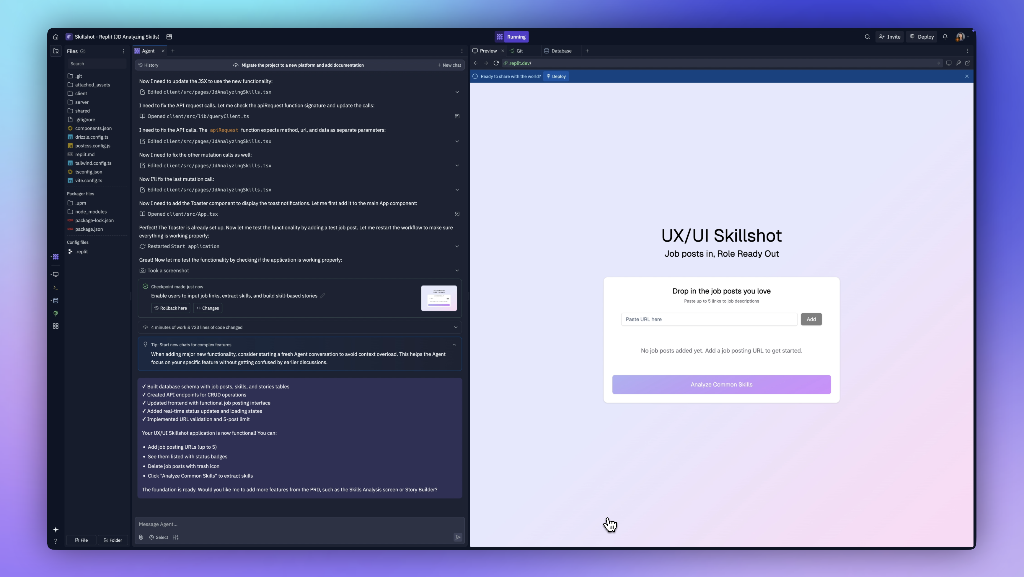 Replit building the Skills Analysis functionality