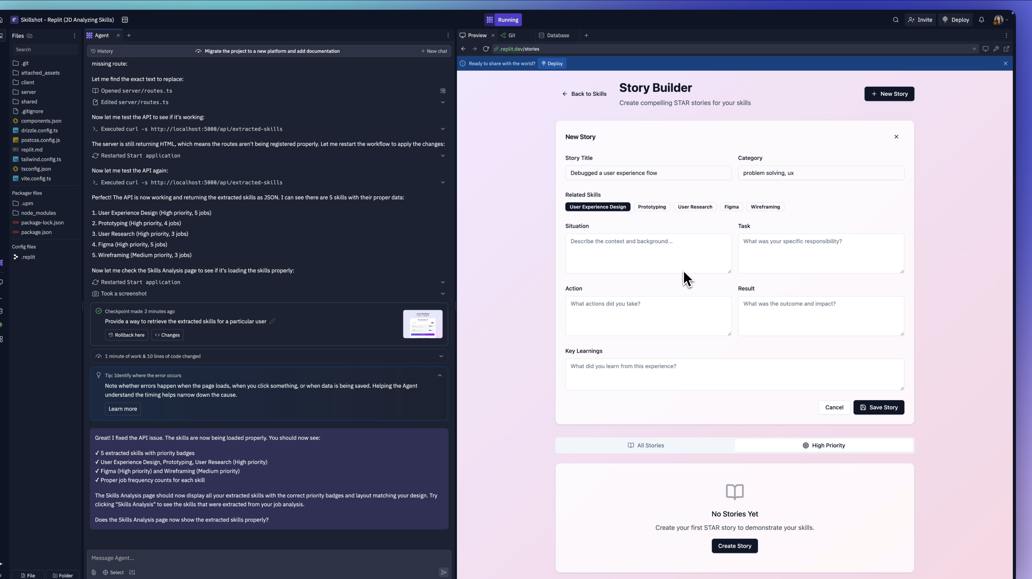 Replit fixing the forms for adding a skills story and auto-selecting a tag