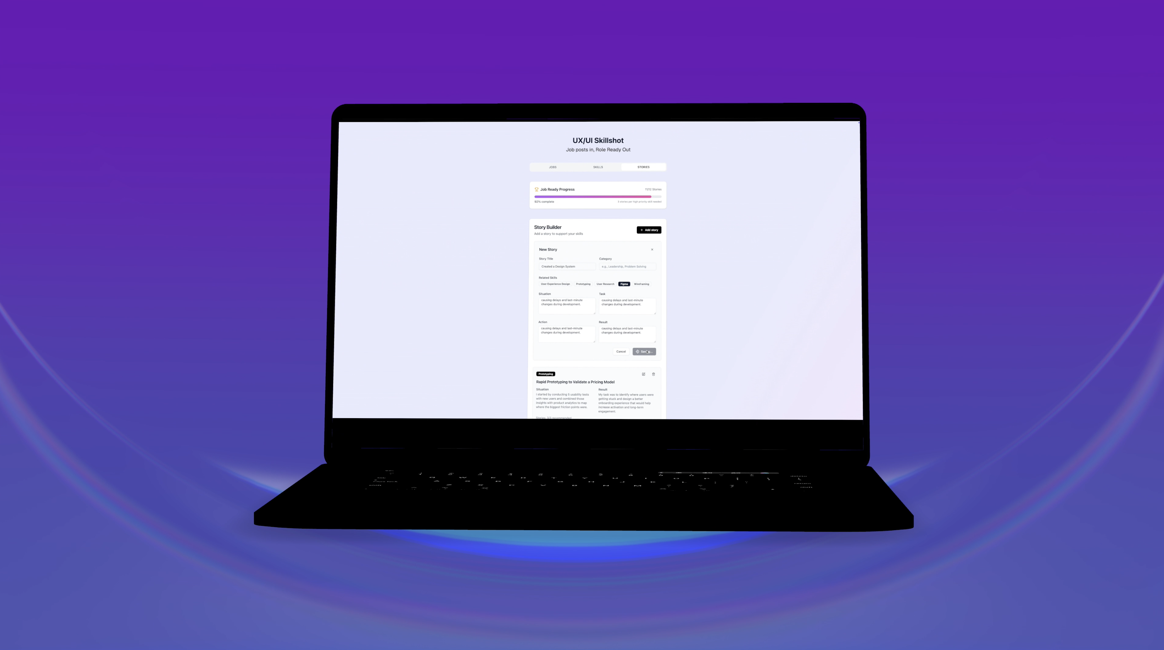 Skillshot SaaS app on macbook mockup with purple gradient backgroud