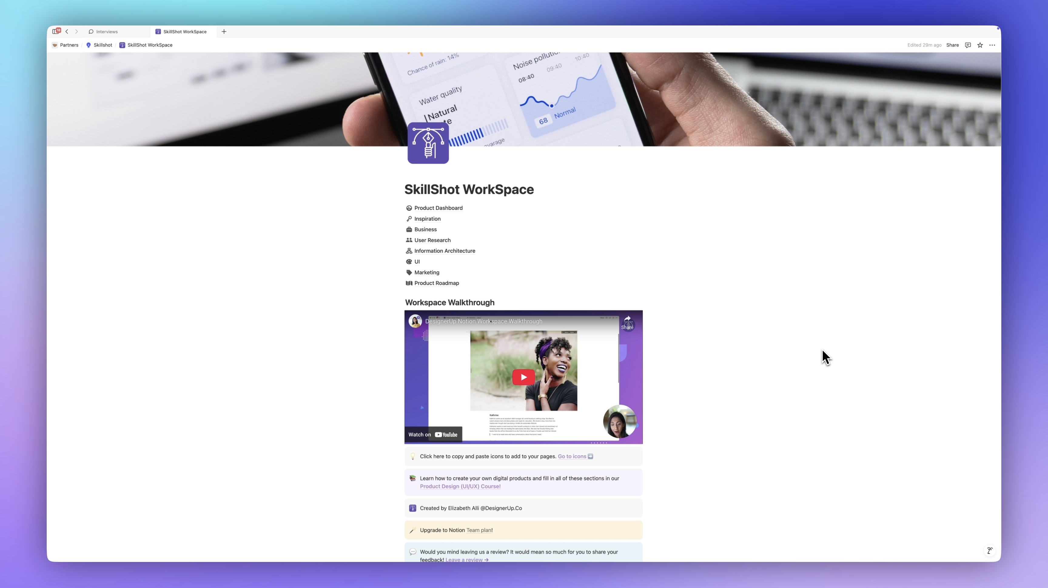 Notion workspace, white page with purple gradient