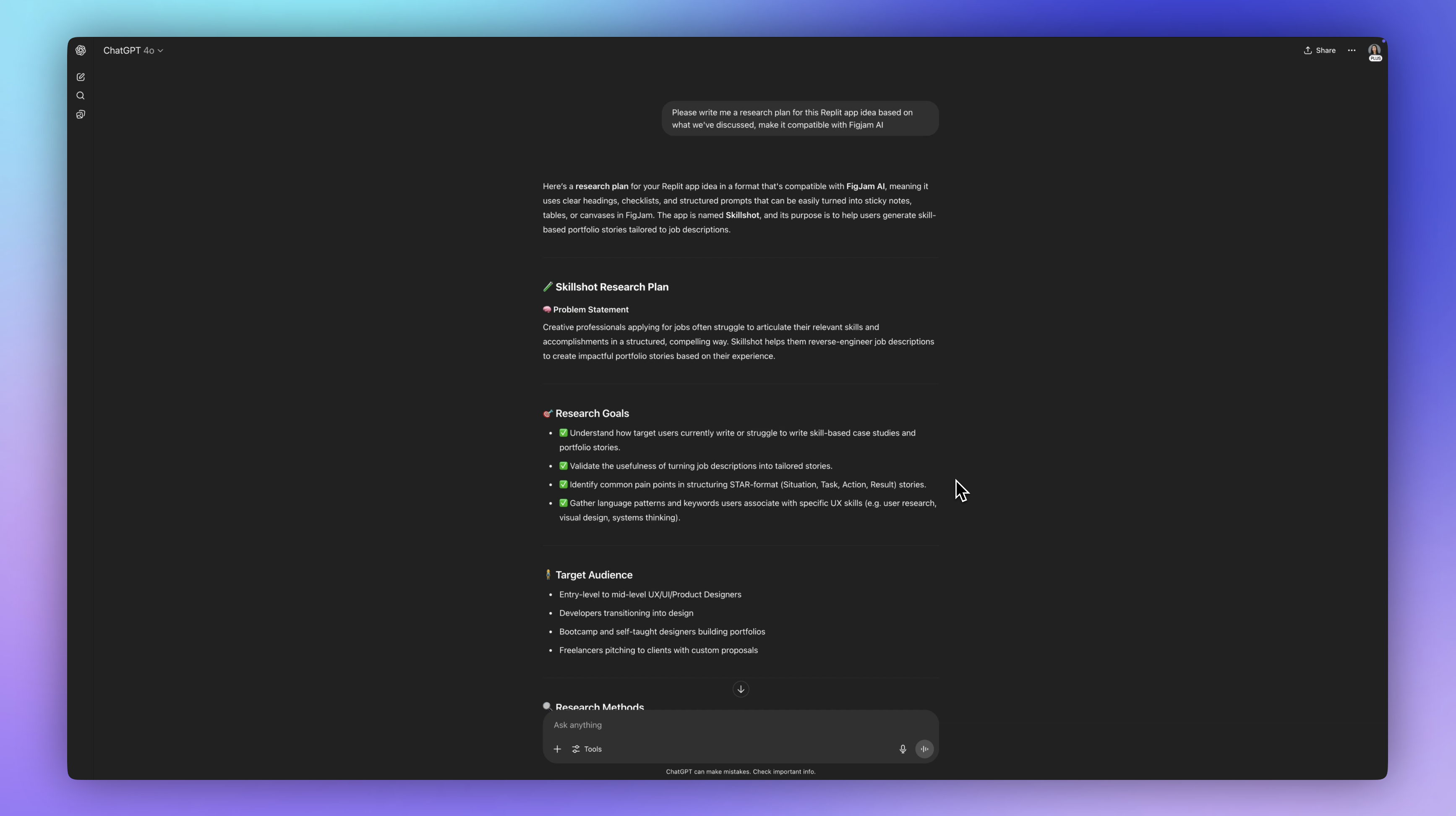 ChatGPT dark gray page, white text on purple background