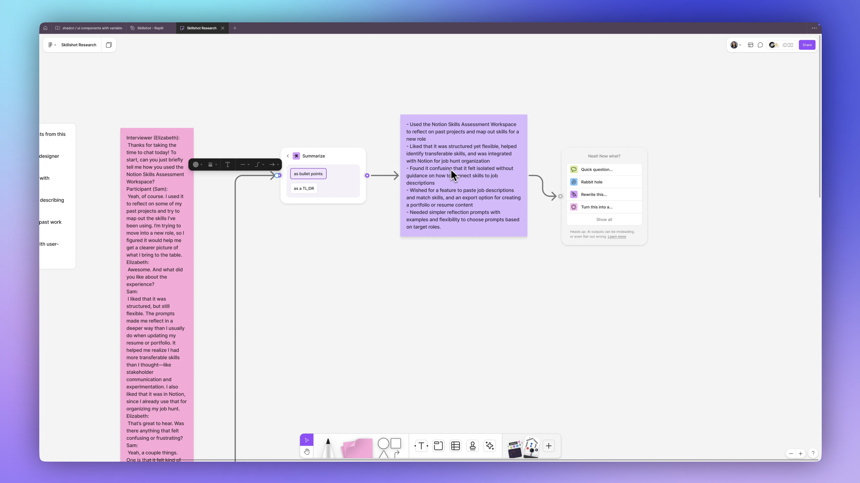 Figjam board with pink sticky, purple sticky and Jambot
