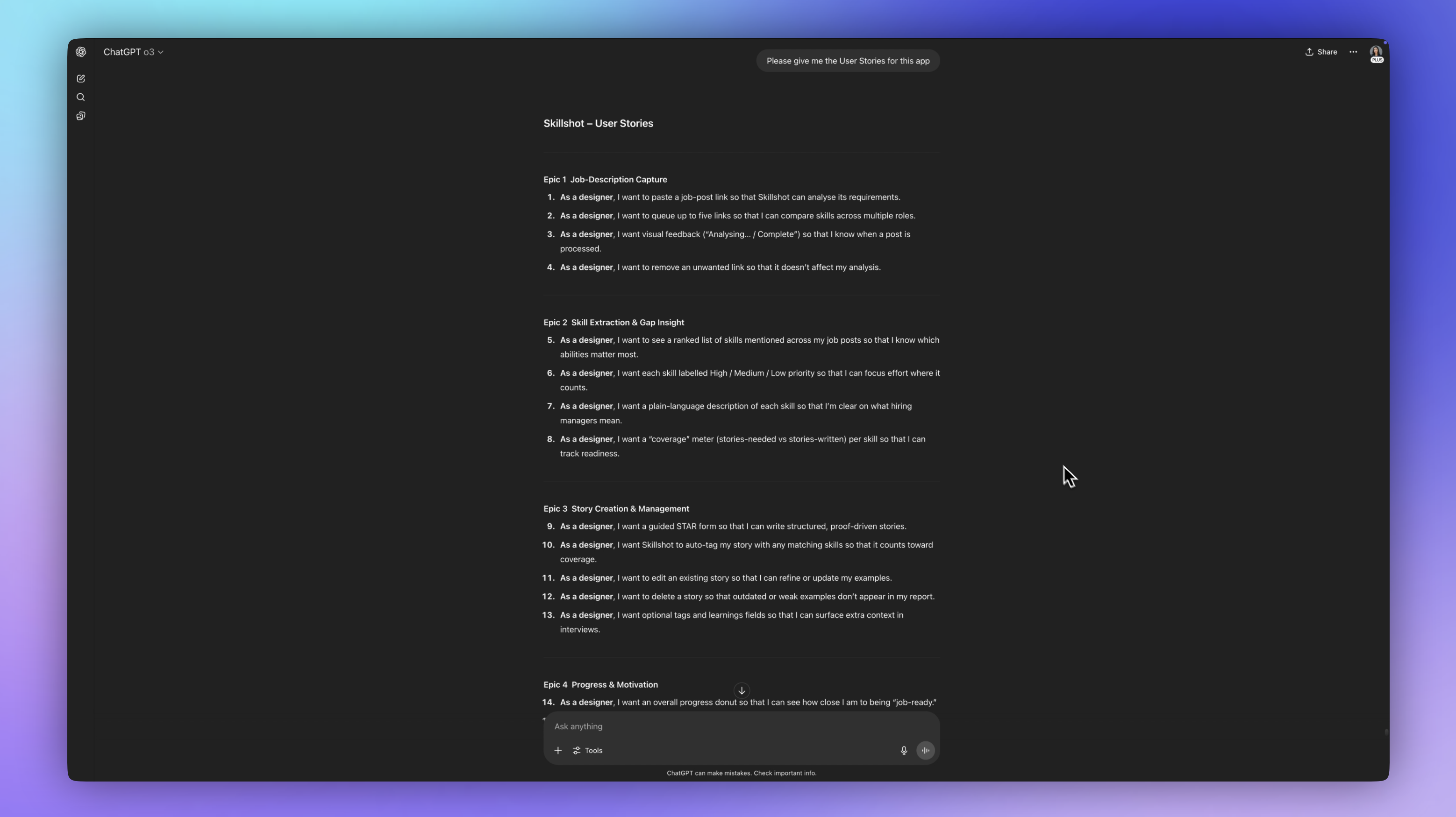 ChatGPT dark gray page, white text on purple background