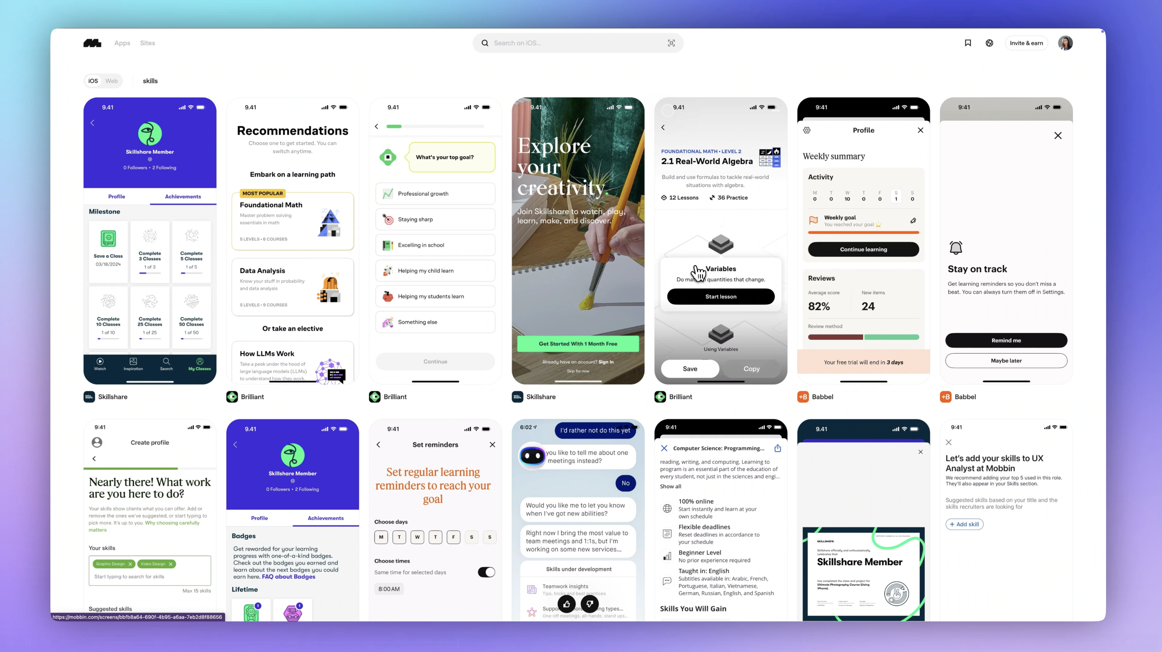 Mobbin board with blue and green mobile app screenshots