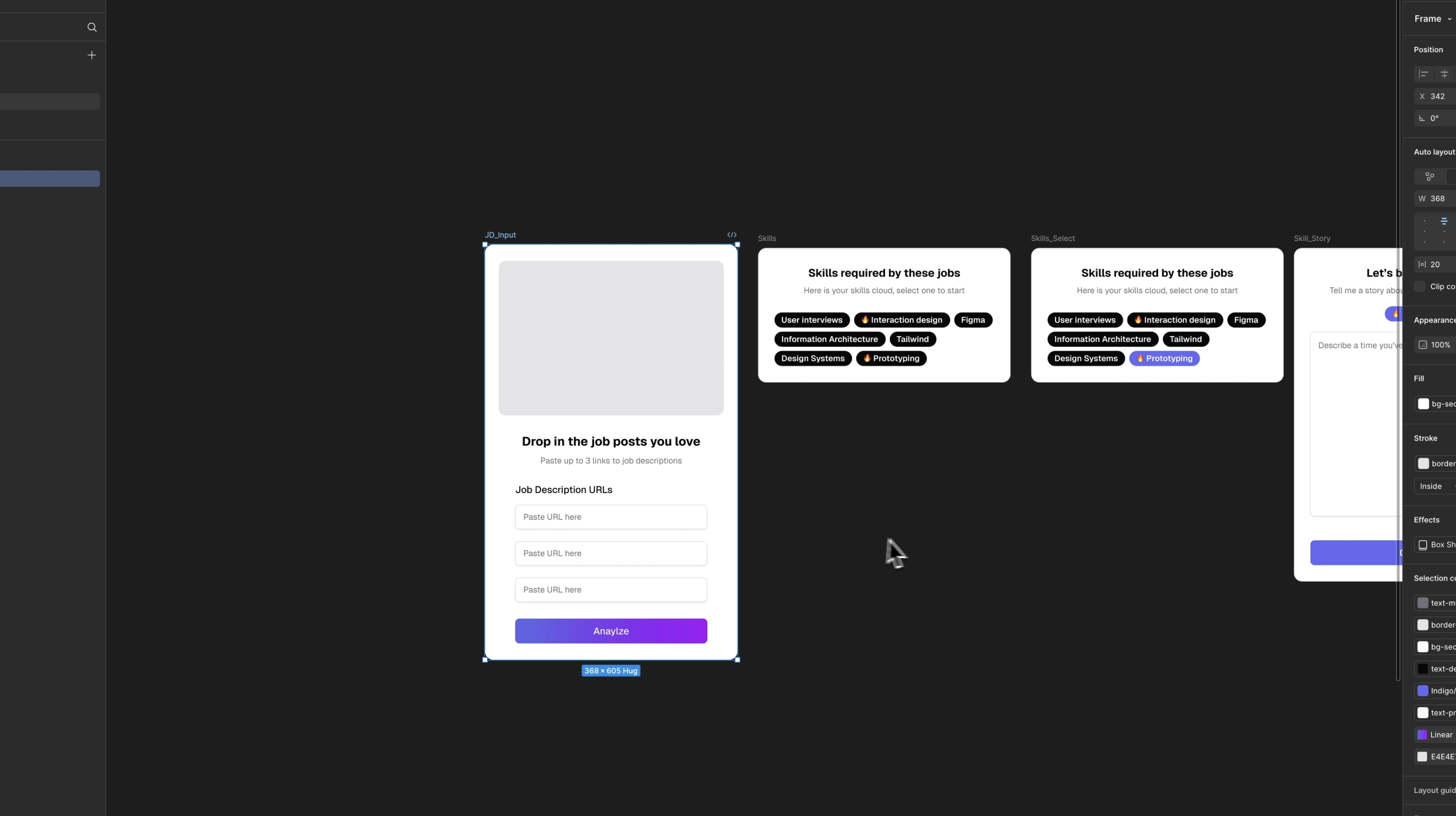 Figma canvas dark mode with white cards and purple and blue buttons