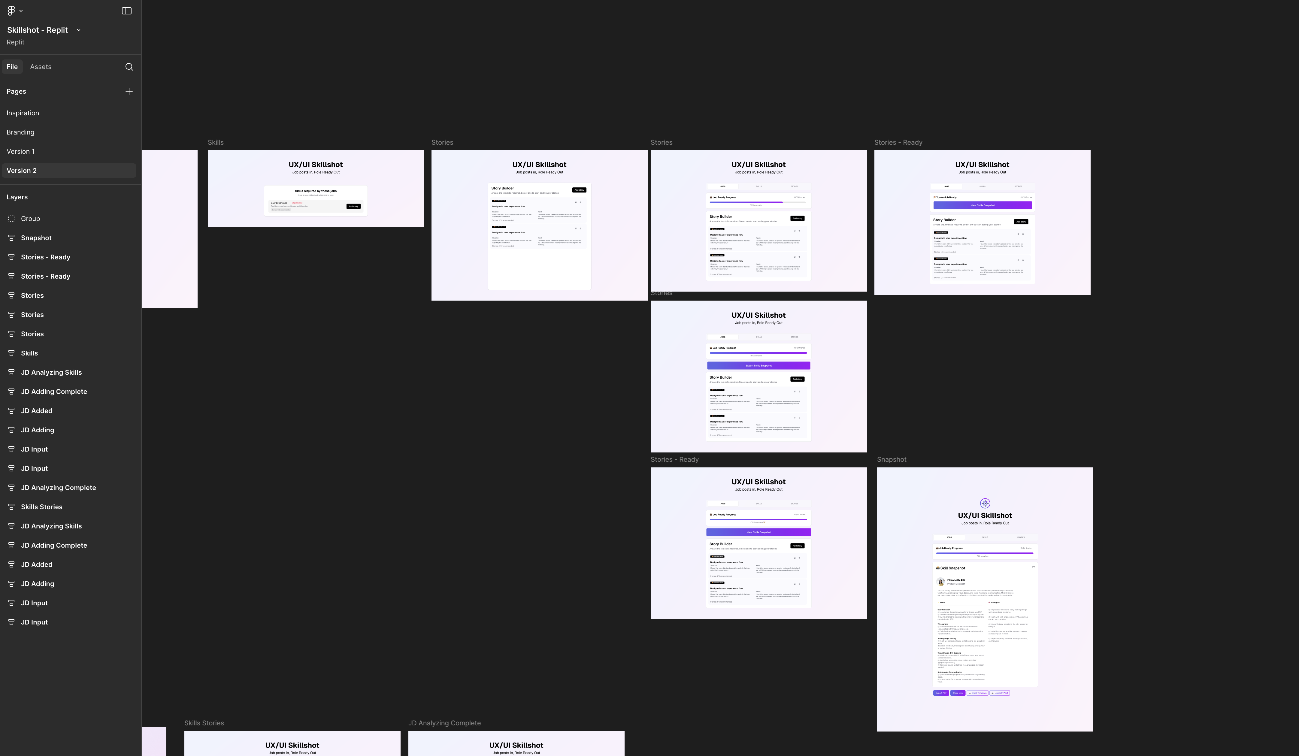 Figma canvas dark mode with white cards and purple and blue buttons