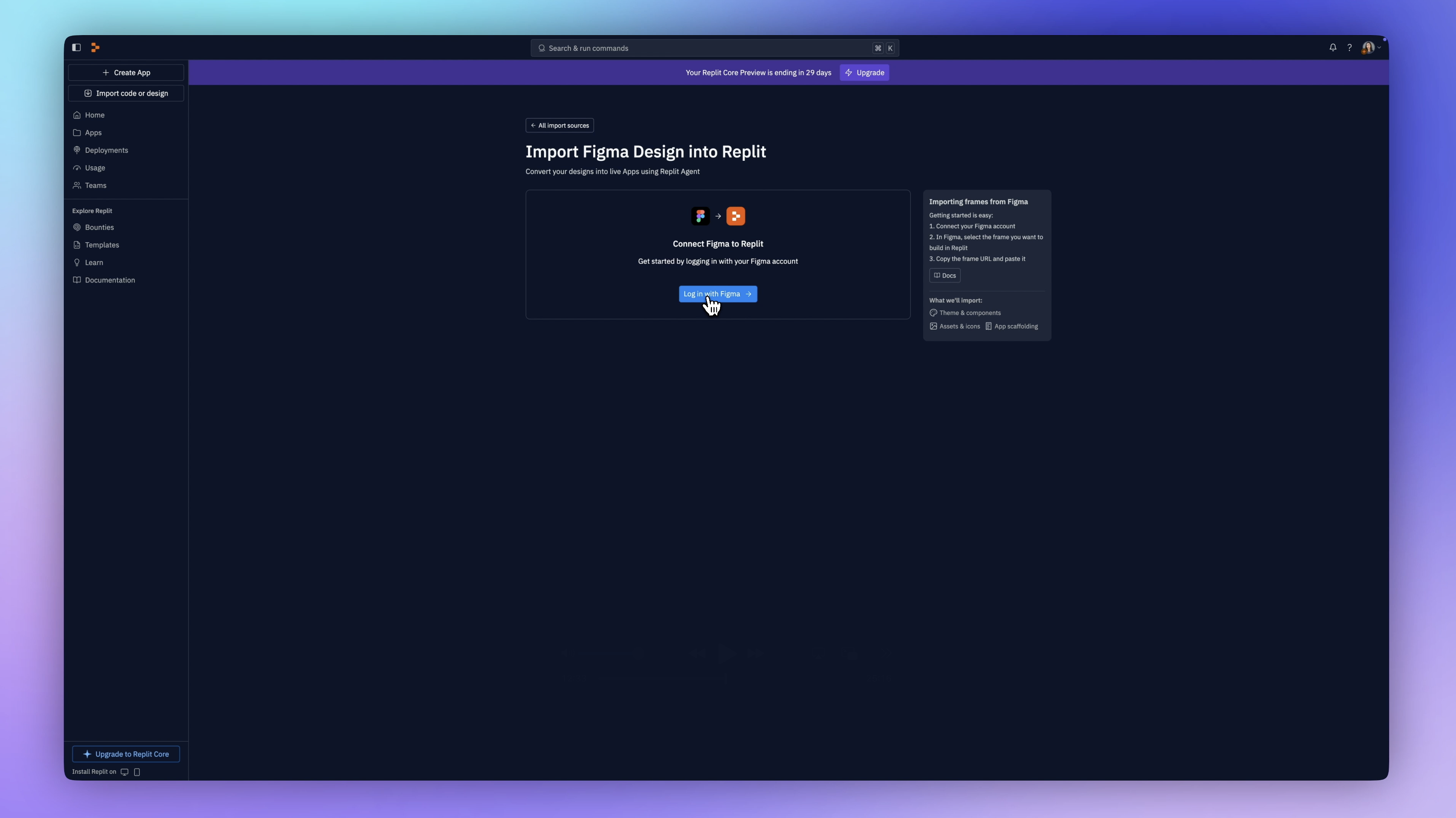 Replit dark mode screen with blue import button