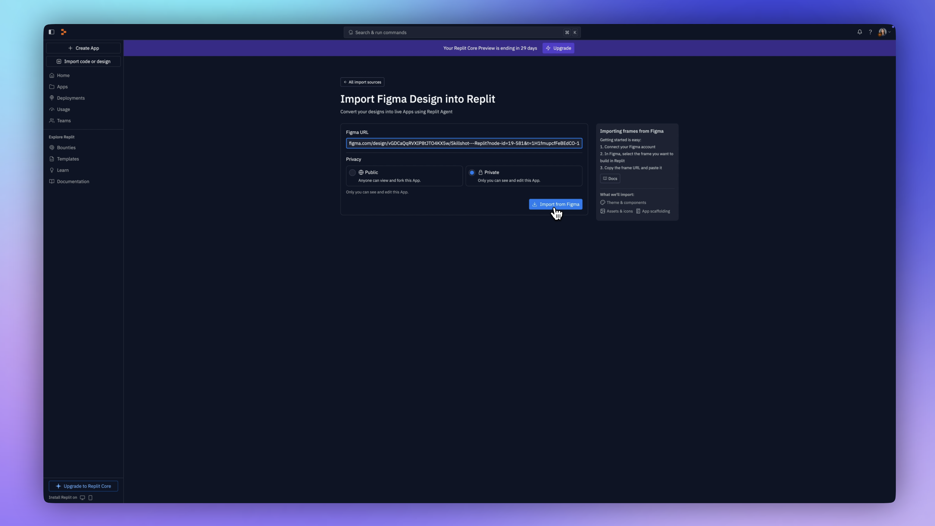 Replit dark mode screen with blue import button
