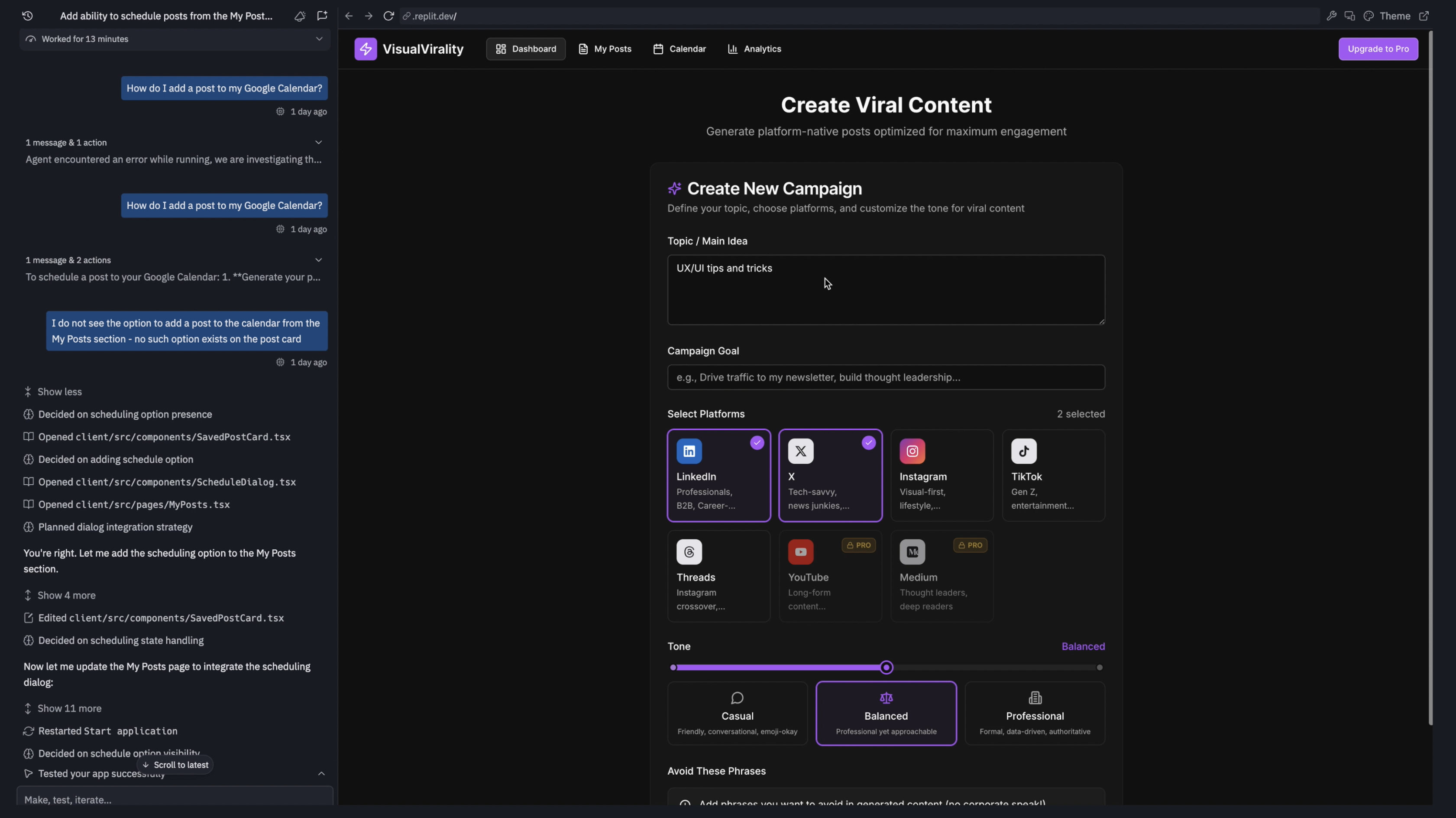 Replit vibe coding app first iteration