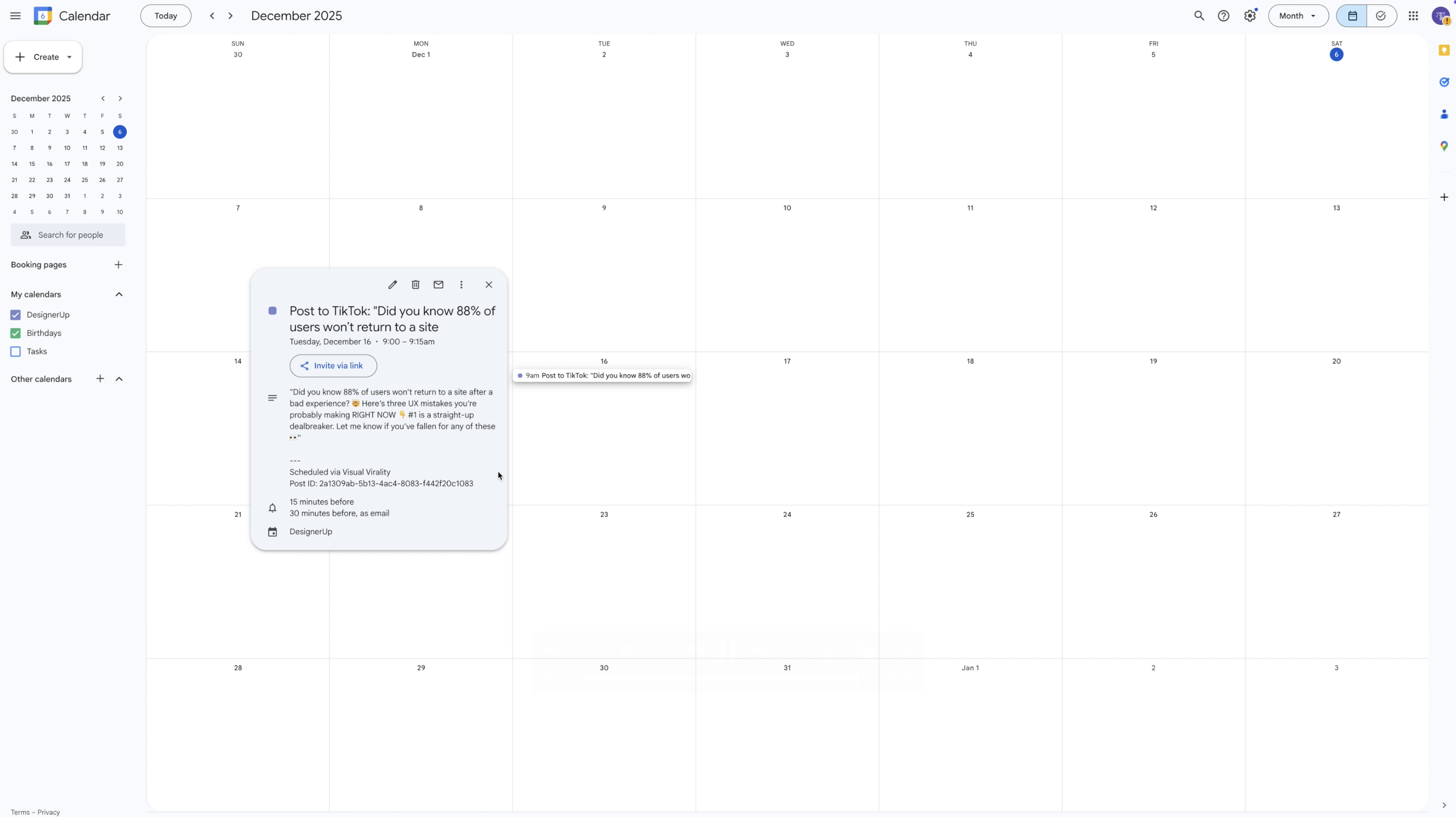 Google Calendar with Visual Virality Entry